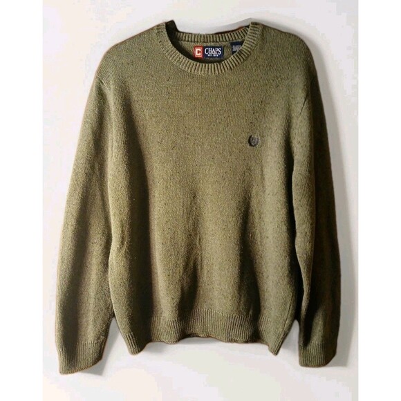 CHAPS Mens LARGE Green W/ Navy BLEND & NAVY  Logo COTTON Crewneck SWEATER - Picture 1 of 16